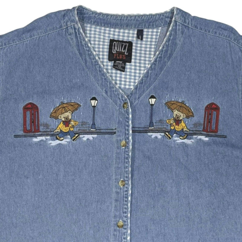 Vtg Quizz NY Demin Embroidered Short Sleeve Button Down Cottage Bears London 22 - Picture 3 of 5